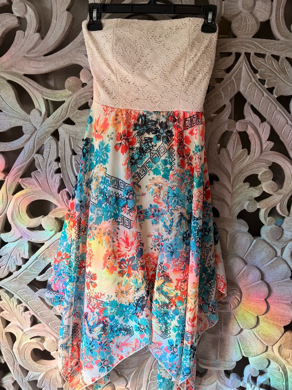 Floral Handkerchief Hem Strapless Crochet Bodice Dress - Cream & Multicolor